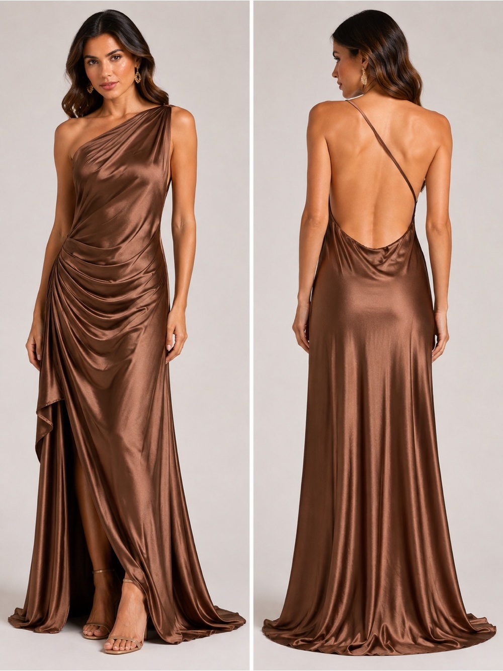 Bronze One Shoulder Draped Maxi Dress Open Back XL NWOT